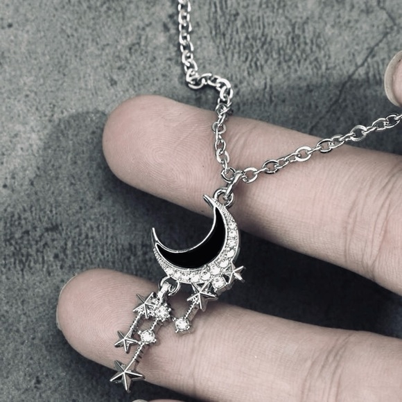 “Stars From the Moon” Black Sliver Crescent Dangling Stellar Celestial Necklace - Picture 4 of 6